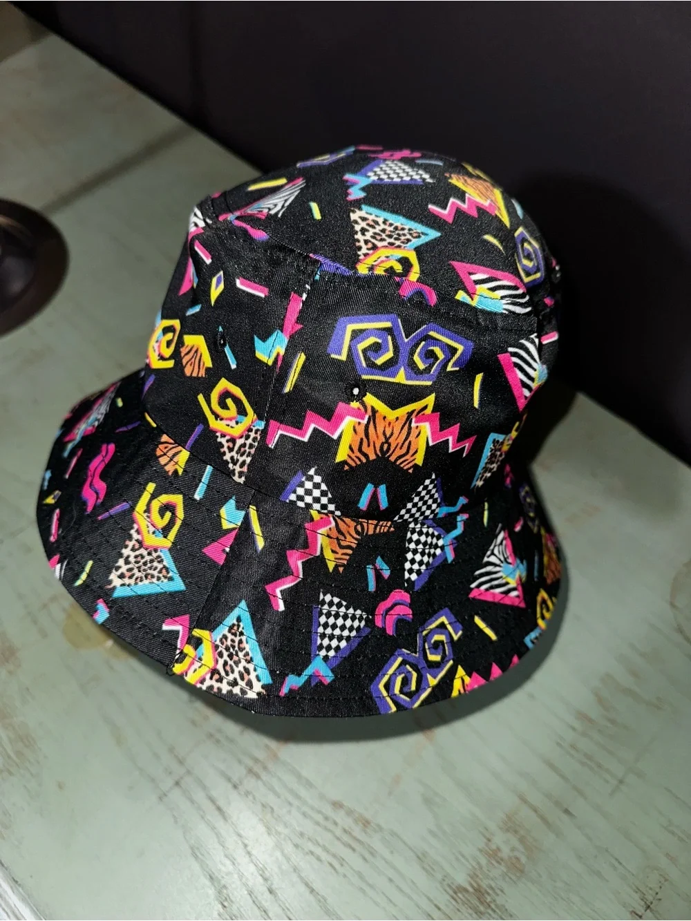 Black Bucket Hat with Neon Geometric Print, 90’s Y2K